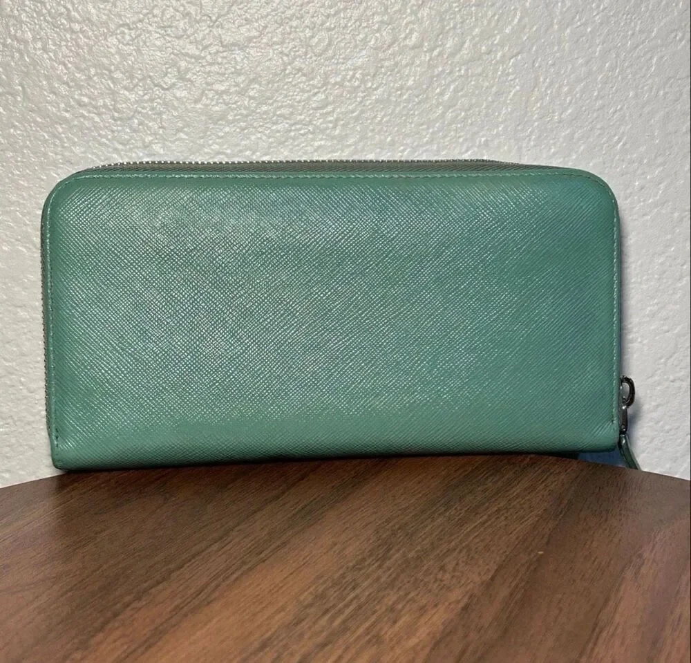 Prada Zip Around Saffiano Leather Long Wallet Green Travel Silver Logo Accent